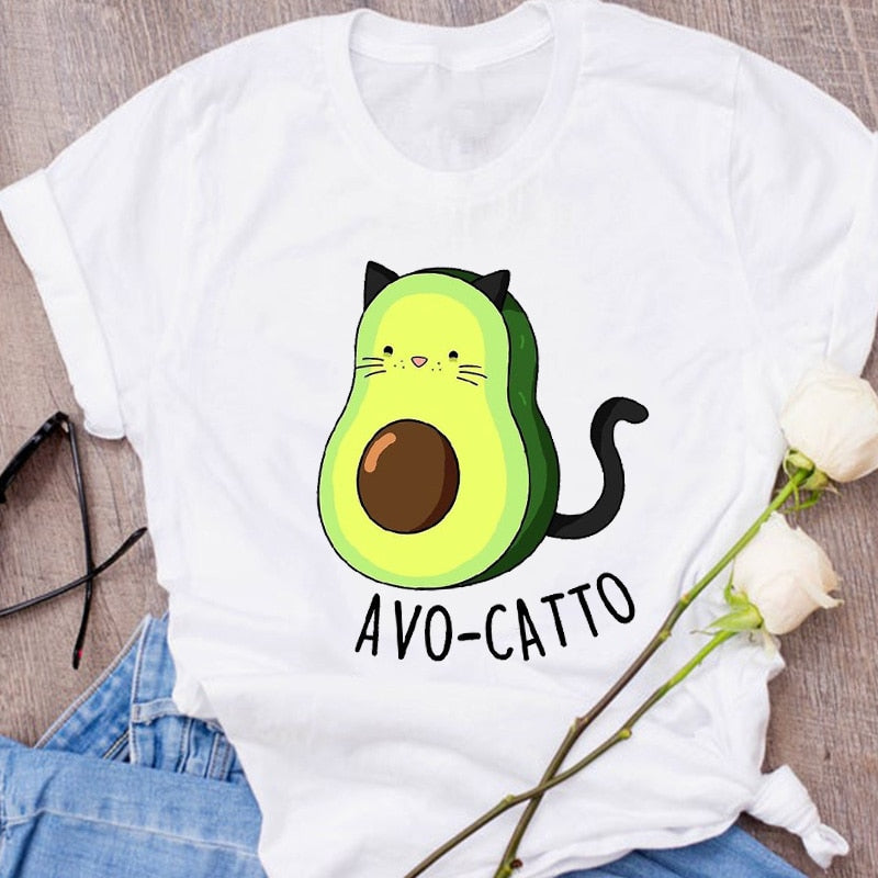 Women Graphic Avocado Cat Printing Cartoon Fruit Clothes Floral Lady Clothing Female Tees Print Tops T Shirt  Womens T-Shirt