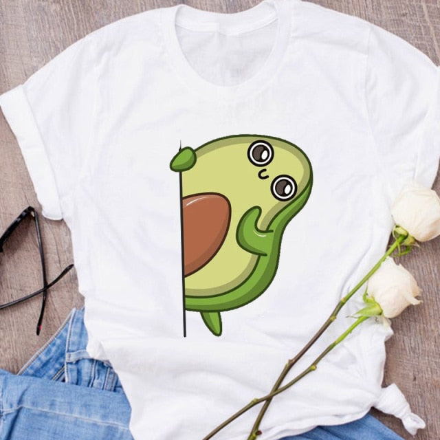 Women Graphic Avocado Cat Printing Cartoon Fruit Clothes Floral Lady Clothing Female Tees Print Tops T Shirt  Womens T-Shirt