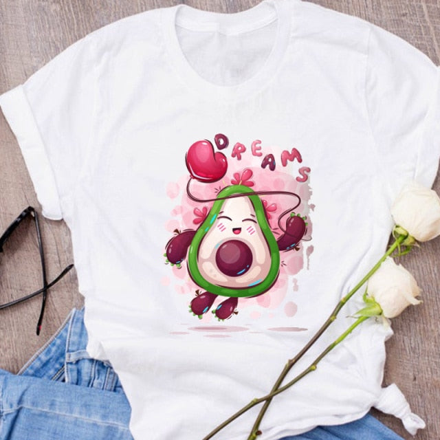 Women Graphic Avocado Cat Printing Cartoon Fruit Clothes Floral Lady Clothing Female Tees Print Tops T Shirt  Womens T-Shirt