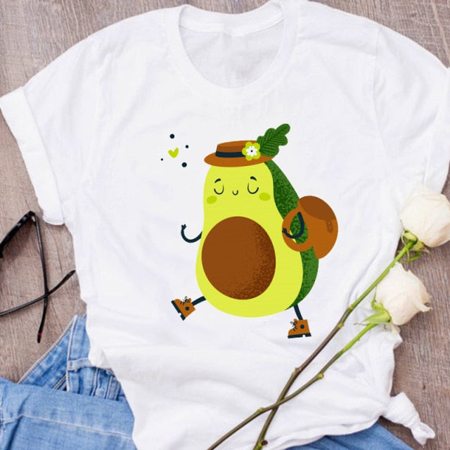 Women Graphic Avocado Cat Printing Cartoon Fruit Clothes Floral Lady Clothing Female Tees Print Tops T Shirt  Womens T-Shirt