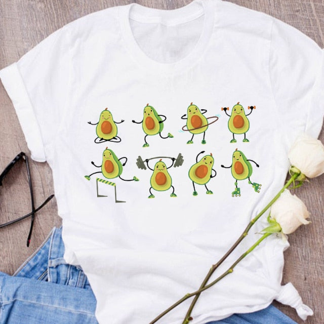 Women Graphic Avocado Cat Printing Cartoon Fruit Clothes Floral Lady Clothing Female Tees Print Tops T Shirt  Womens T-Shirt