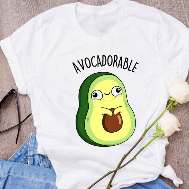 Women Graphic Avocado Cat Printing Cartoon Fruit Clothes Floral Lady Clothing Female Tees Print Tops T Shirt  Womens T-Shirt