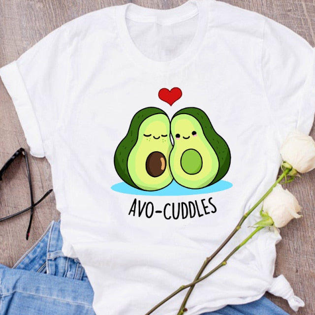 Women Graphic Avocado Cat Printing Cartoon Fruit Clothes Floral Lady Clothing Female Tees Print Tops T Shirt  Womens T-Shirt